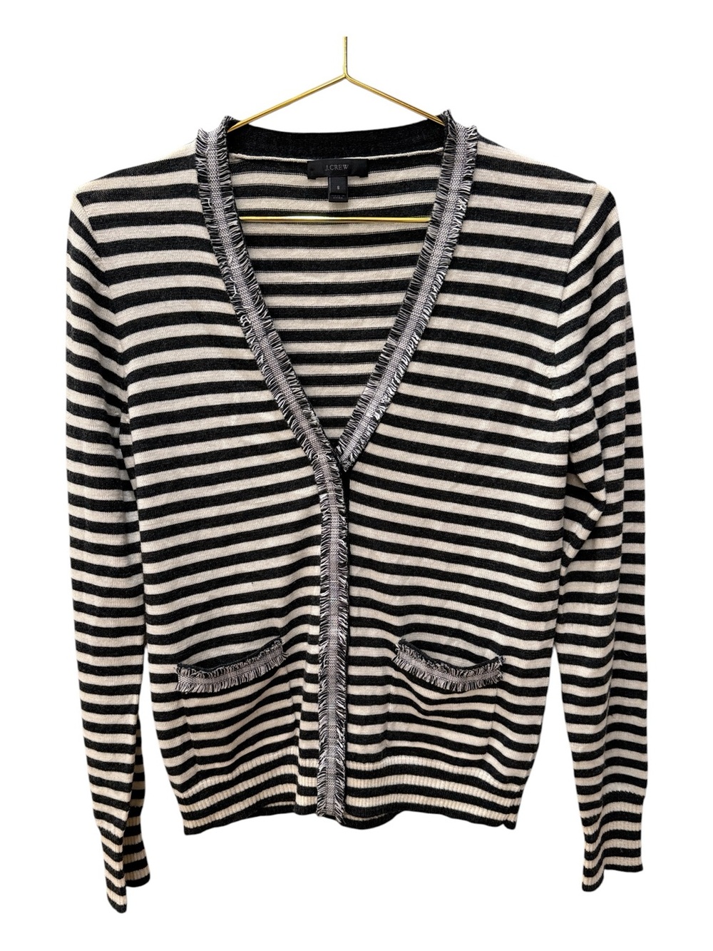 Crew Striped Harlow Cardigan Sweater Tweed Fringe Trim 100% Wool Size S